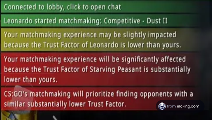 Screenshot showing a message about matchmaking Trust Factor in CS:GO
