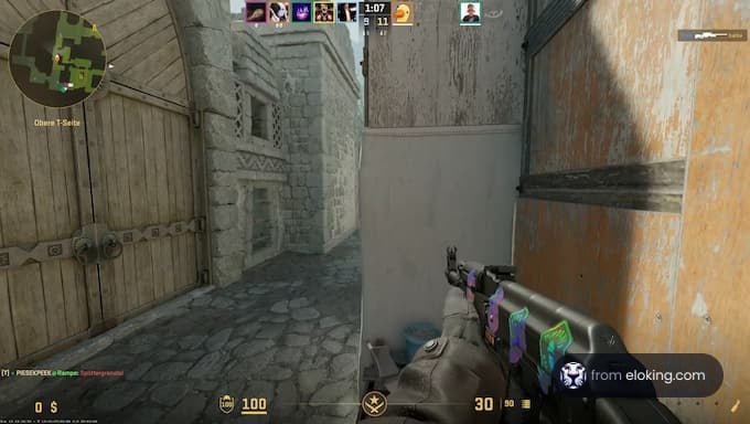 A player in Counter-Strike: Global Offensive hiding behind a wall with a weapon.