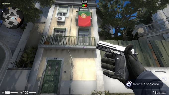 A player holding a handgun in front of a building with a Portuguese flag.