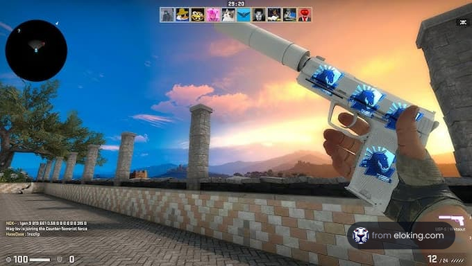 A player holding a glowing blue gun against a sunset sky in a video game.