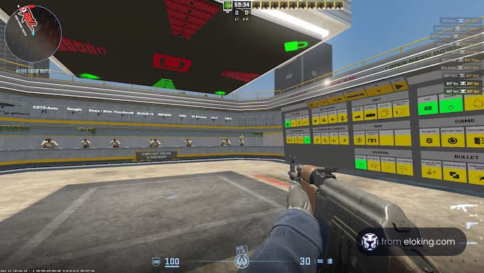 A character practicing shooting on a CS:GO training map.