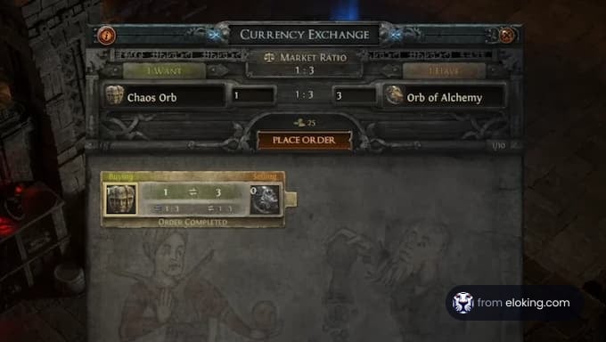 Currency exchange interface showing Chaos Orb and Orb of Alchemy.