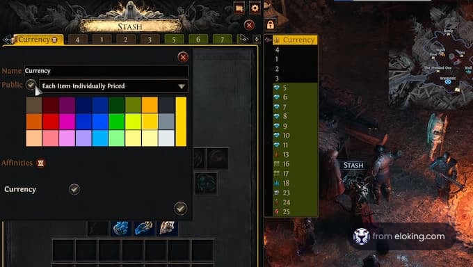 Currency management screen in a game with color options for items