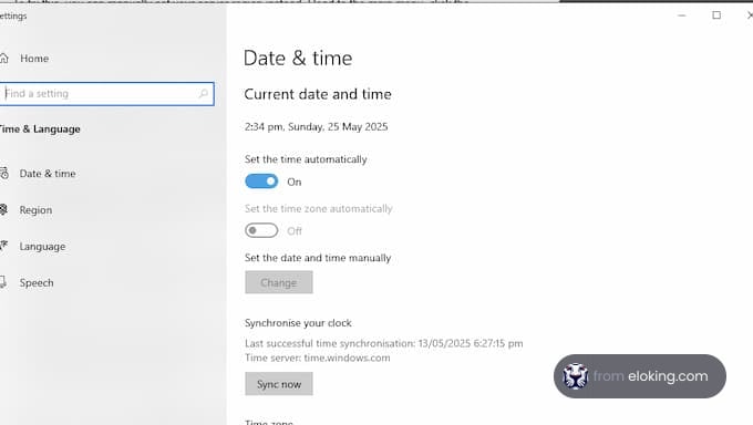 Current date and time settings on Windows display