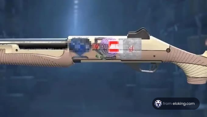 Tan shotgun with custom decals and modifications
