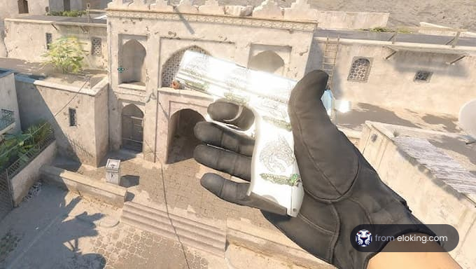A player holding a custom handgun in a game environment