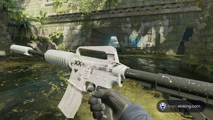 White customized rifle in a lush gaming environment