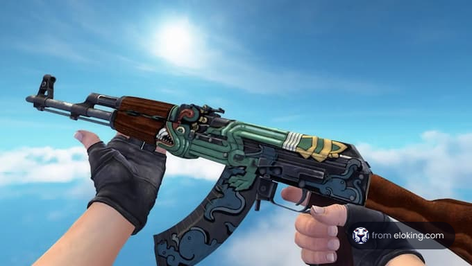 Detailed decorated assault rifle held against a cloudy sky