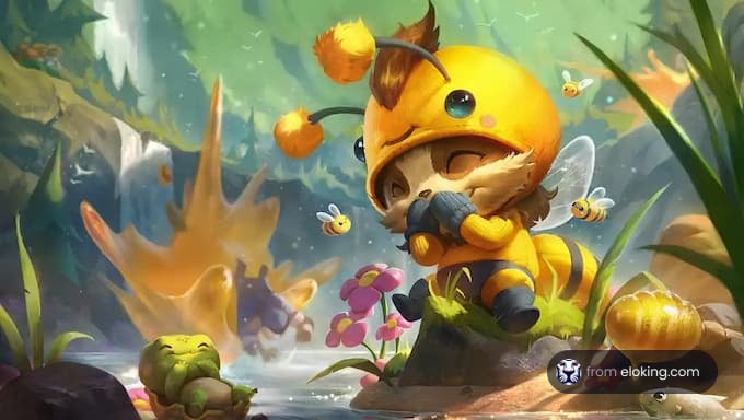 A cute animal character in a bee costume playing in a vibrant nature setting