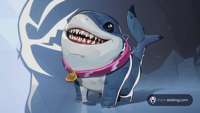 A cute cartoon shark character wearing a pink medal