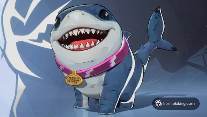 A cute cartoon shark character with a collar named Jeff