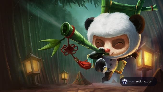 Cartoon panda warrior flying with bamboo rocket in a mystical forest