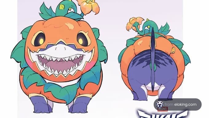 A cute pumpkin monster character design with a smiling face and sharp teeth.