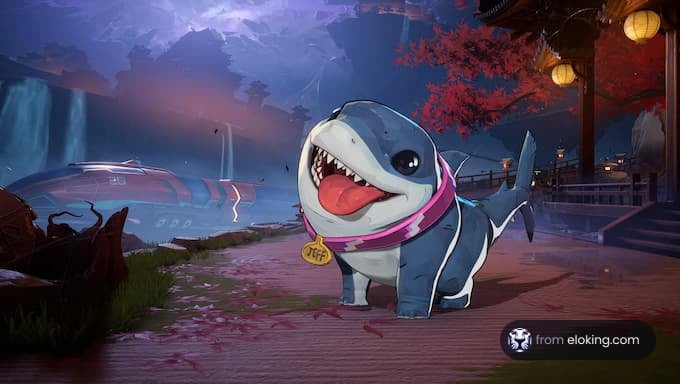 A cute shark character in a vibrant fantasy environment.