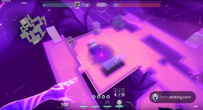 Futuristic video game interface with neon colors and player's hand with energy