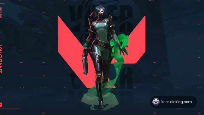 Futuristic female warrior with cybernetic armor in front of a red triangle emblem