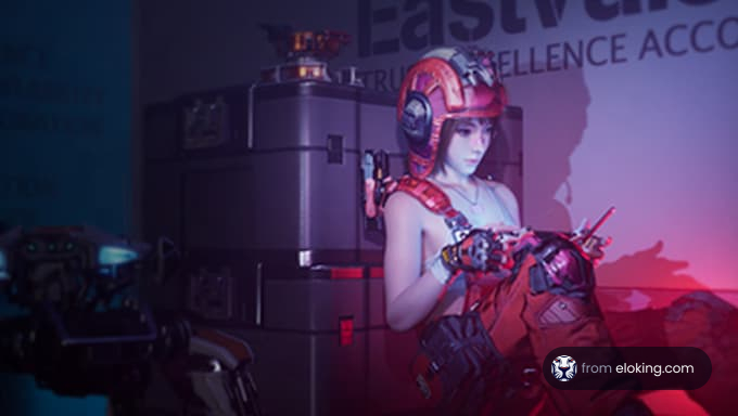 A futuristic cosplay character with robotic elements.