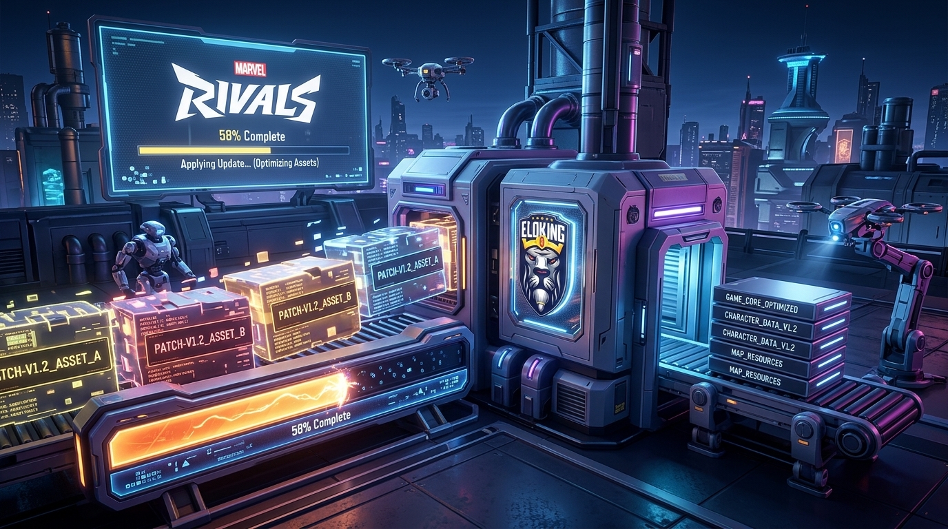 Marvel Rivals update download feeding into a repackaging machine