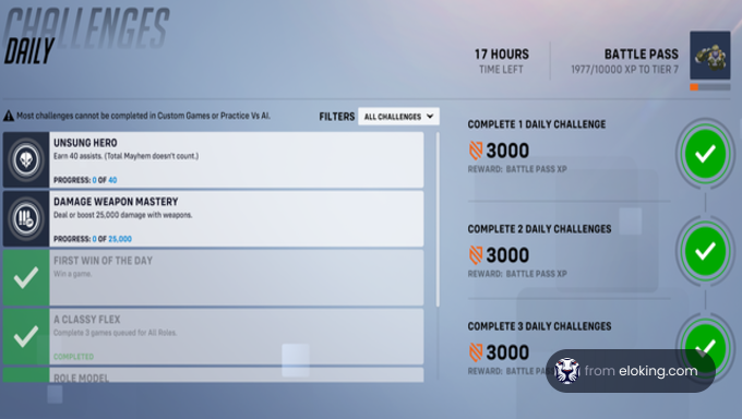 Screenshot of daily challenges in a gaming interface with various tasks and rewards listed.
