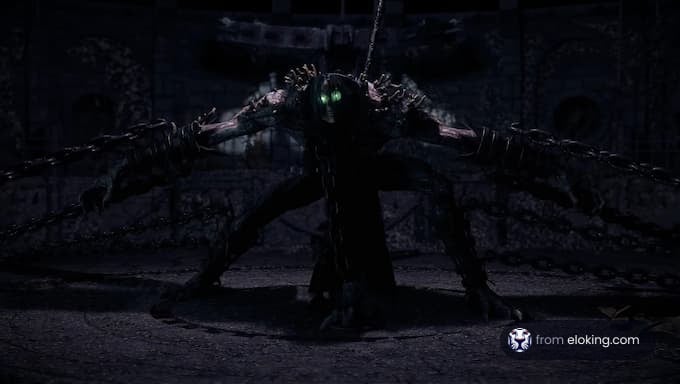 A dark creature with glowing green eyes surrounded by chains.