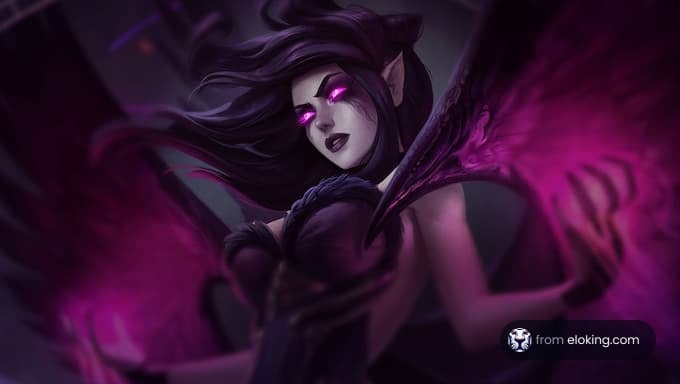 A dark fantasy character with purple wings and a mysterious aura