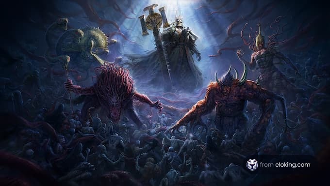 A dark fantasy scene depicting monsters and a figure in a commanding pose.