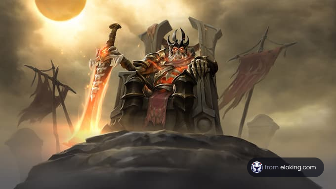 Dark fantasy warrior on a throne with a fiery sword