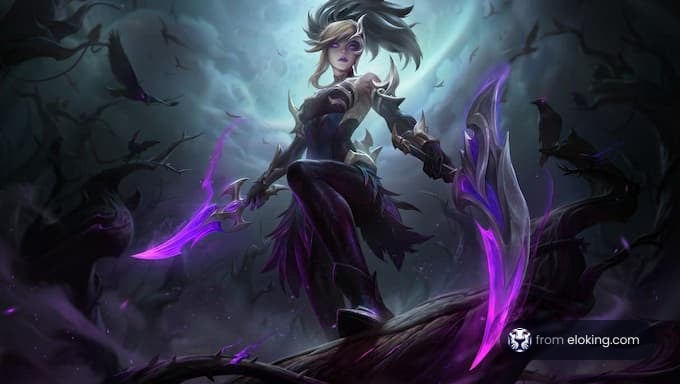 A dark heroine wielding dual purple blades in an ominous environment