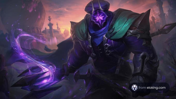 A powerful dark mage wielding purple magic in a fantasy setting