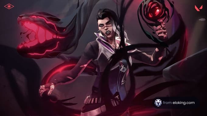 A dark magic character holding a glowing rose surrounded by shadows.