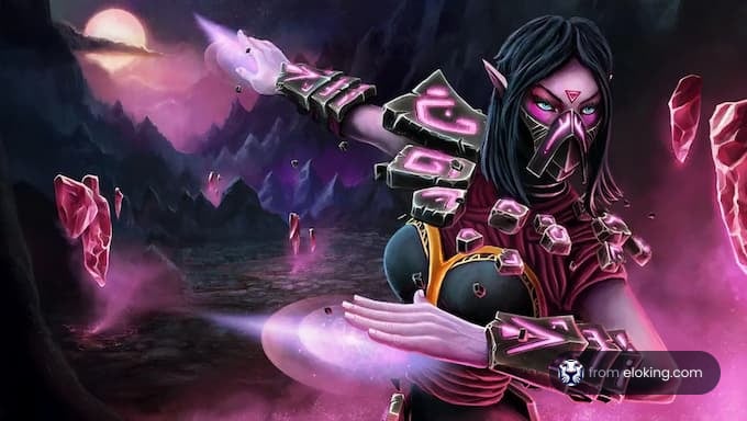 A dark magic elf sorceress casting a spell in a mystical landscape