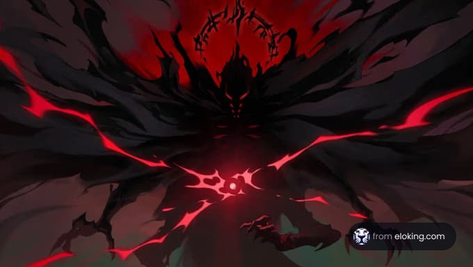 A dark shadowy figure with red accents