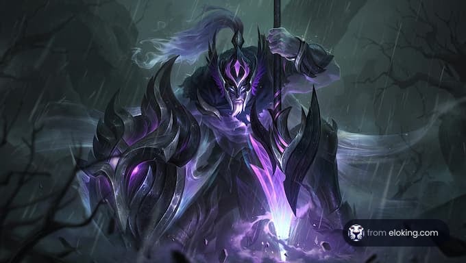 A dark warrior with a glowing purple weapon in a stormy, mystical setting.