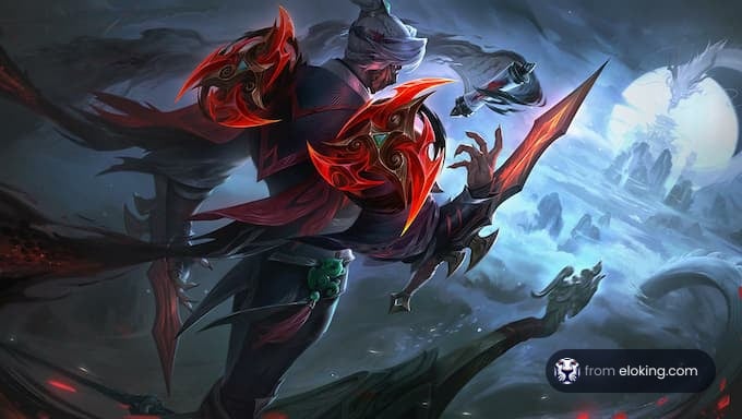 A dark warrior with red armor stands in a mystical landscape.