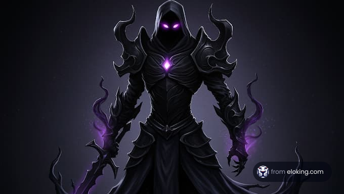 A dark wizard with a hood and purple glowing accents.