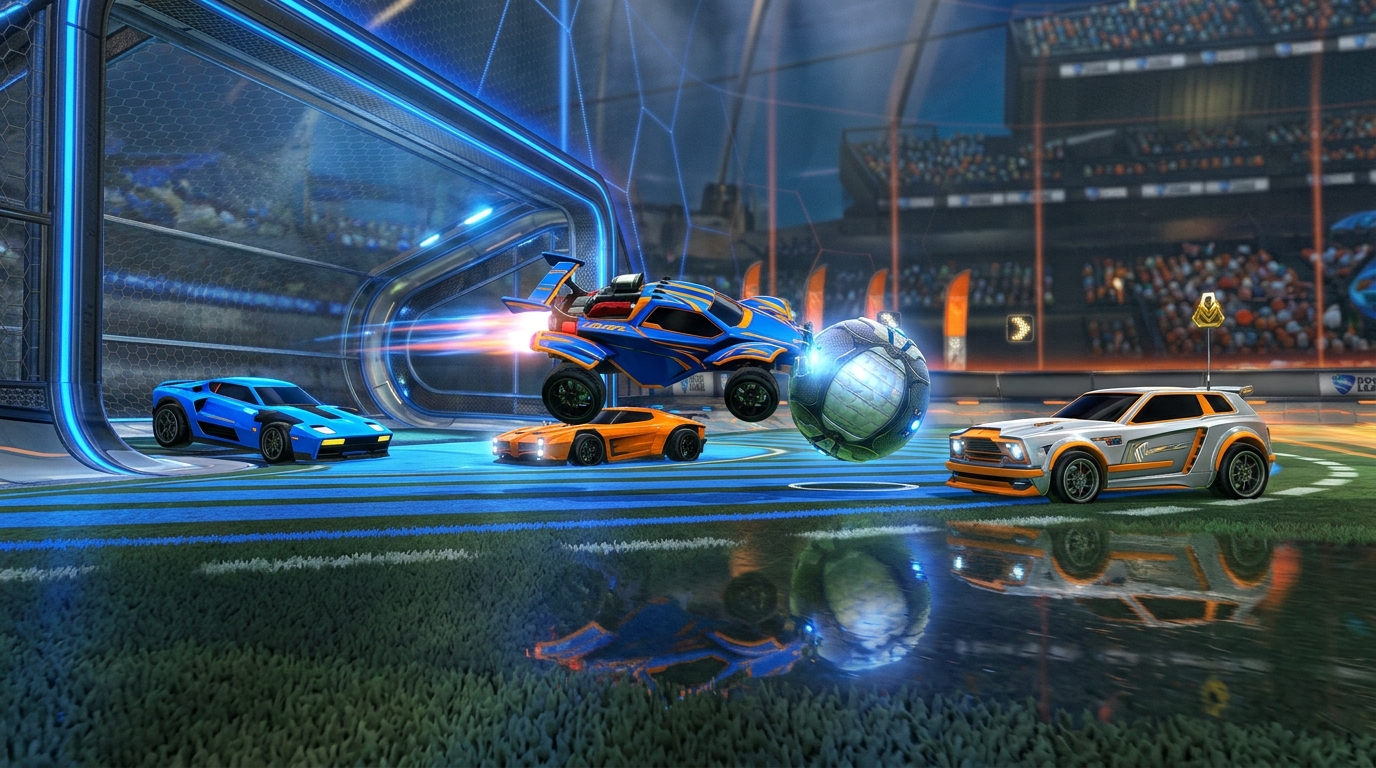 Rocket League cars and ball in a blank stadium with no signage