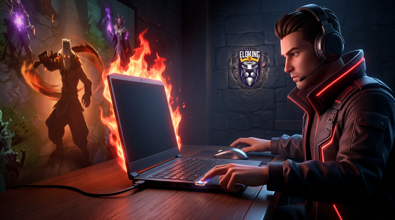 Player at a laptop changing plugged-in power mode for Dota 2