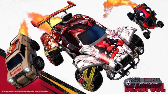 Deadpool themed cars with dramatic flames in a Rocket League promotional image