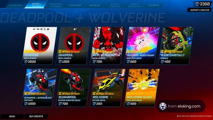 Selection screen showing various Deadpool and Wolverine game skins