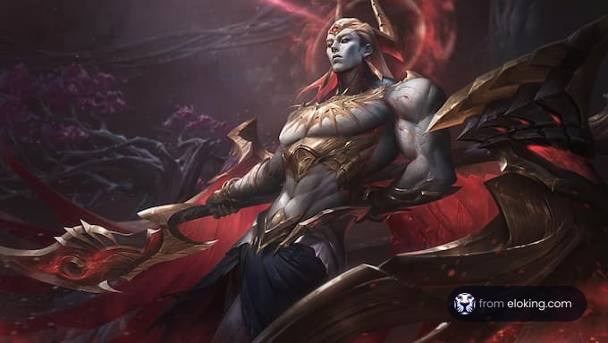 A powerful demon warrior posed dramatically with intricate armor and weapons.