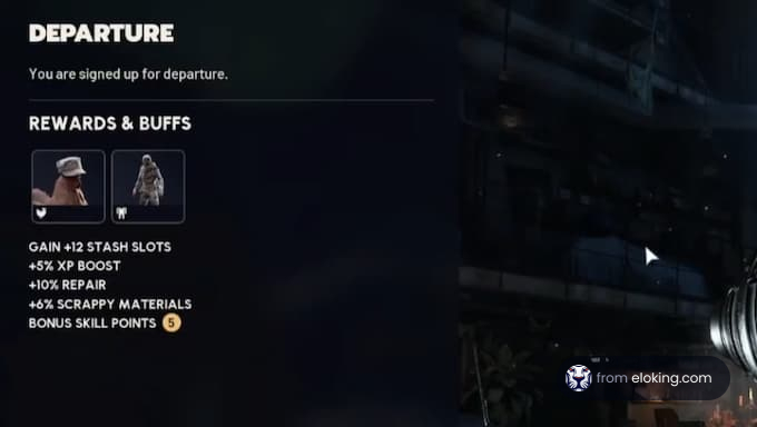 Departure screen showing rewards and buffs