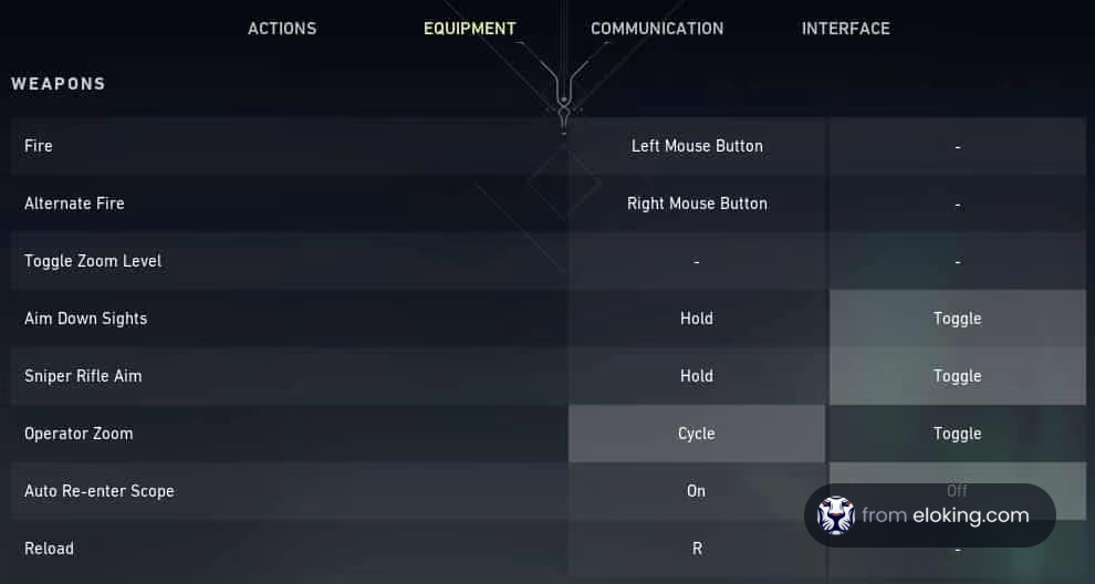 Detailed control settings menu for video game showing weapon actions and equipment management