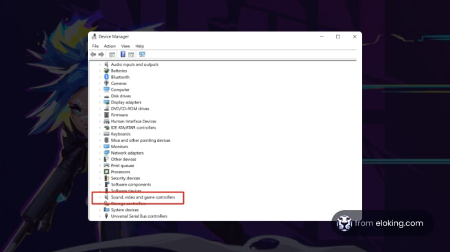 Device Manager window on a computer with 'Sound, video and game controllers' highlighted