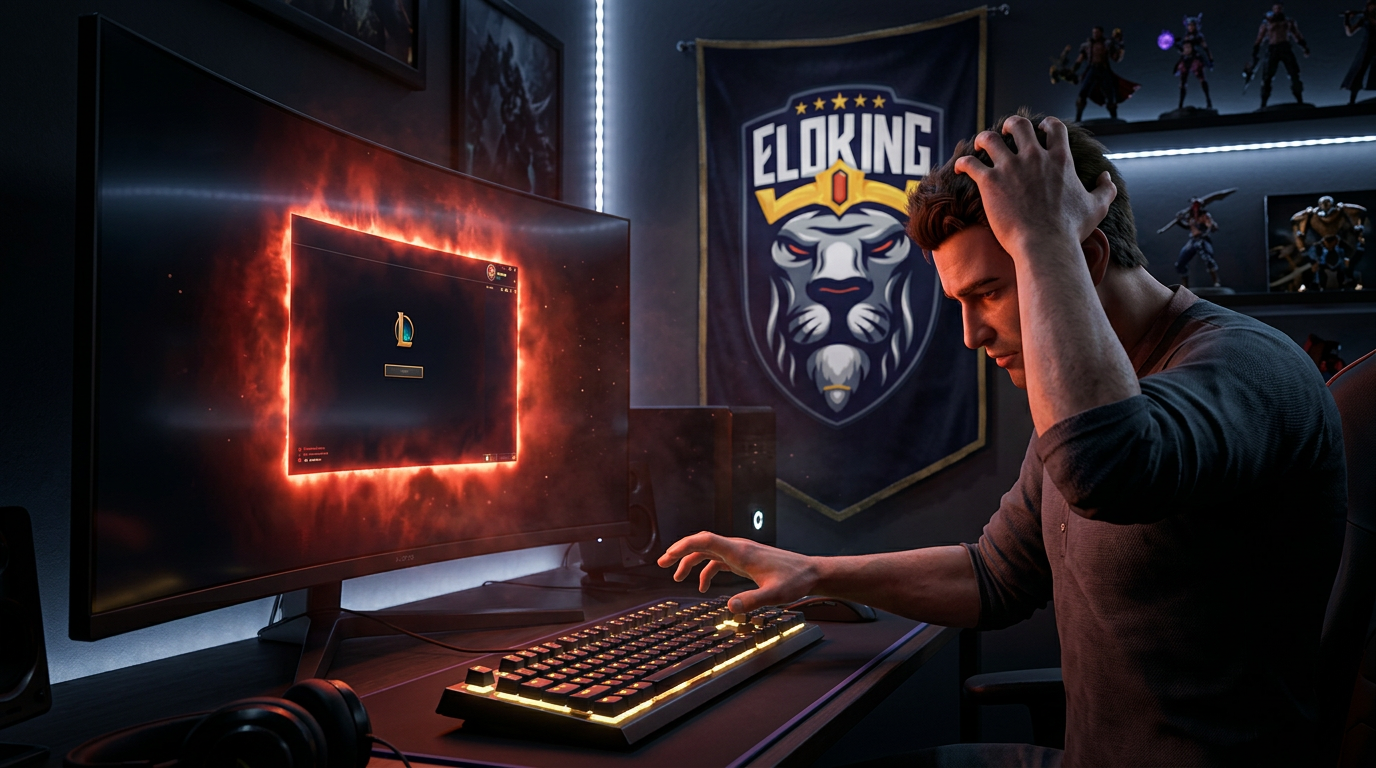Frustrated player stopping login retries at a desk with a phone and keyboard