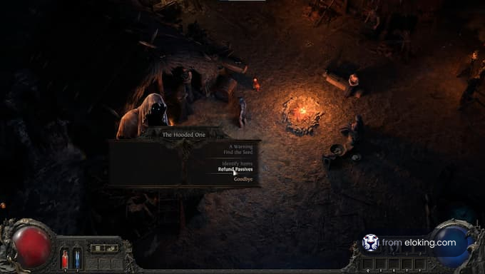 Une figure myst&eacute;rieuse connue sous le nom de L'Homme &Agrave; La Capuche pr&egrave;s d'un feu de camp dans un environnement sombre.