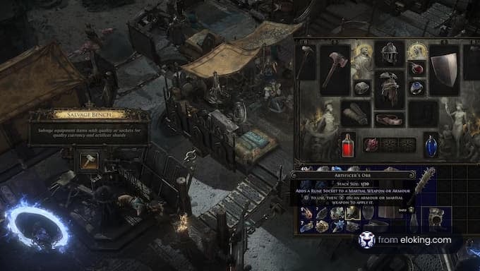 Gameplay screenshot of the salvage bench in Diablo 4 with various inventory items.