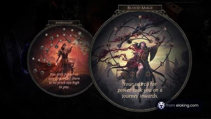 A character selection screen featuring the Blood Mage and Infernalist classes in a dark fantasy setting.