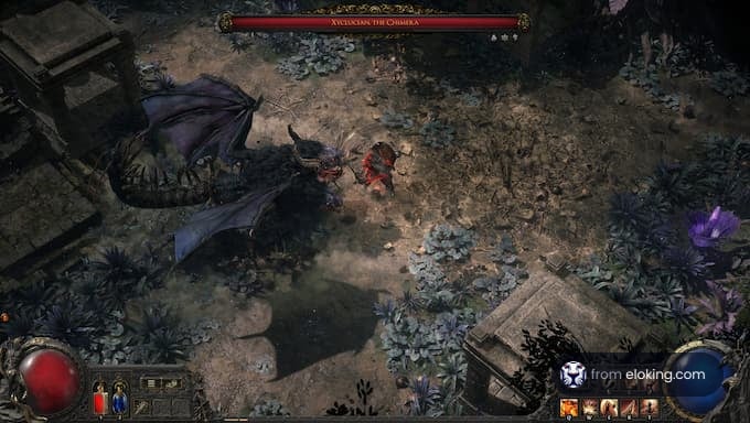 A character battling a dragon in a dark forest in the game Diablo.