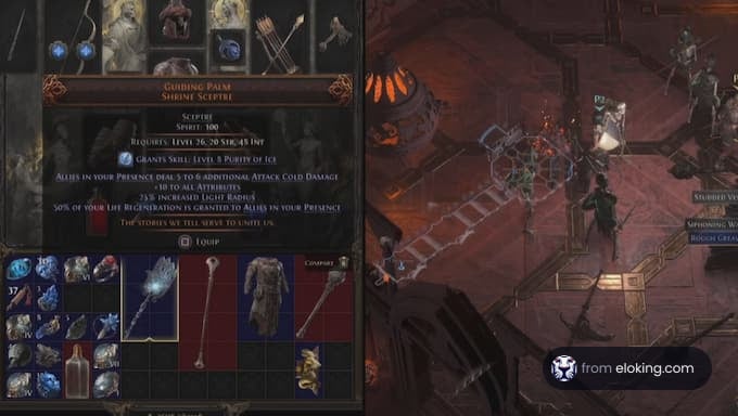 In Diablo, the Guiding Palm Shrine Scepter grants additional power to allies.