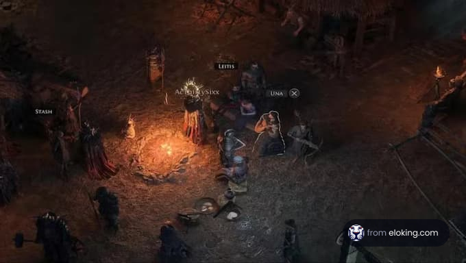 Characters gathered around a campfire in a game setting